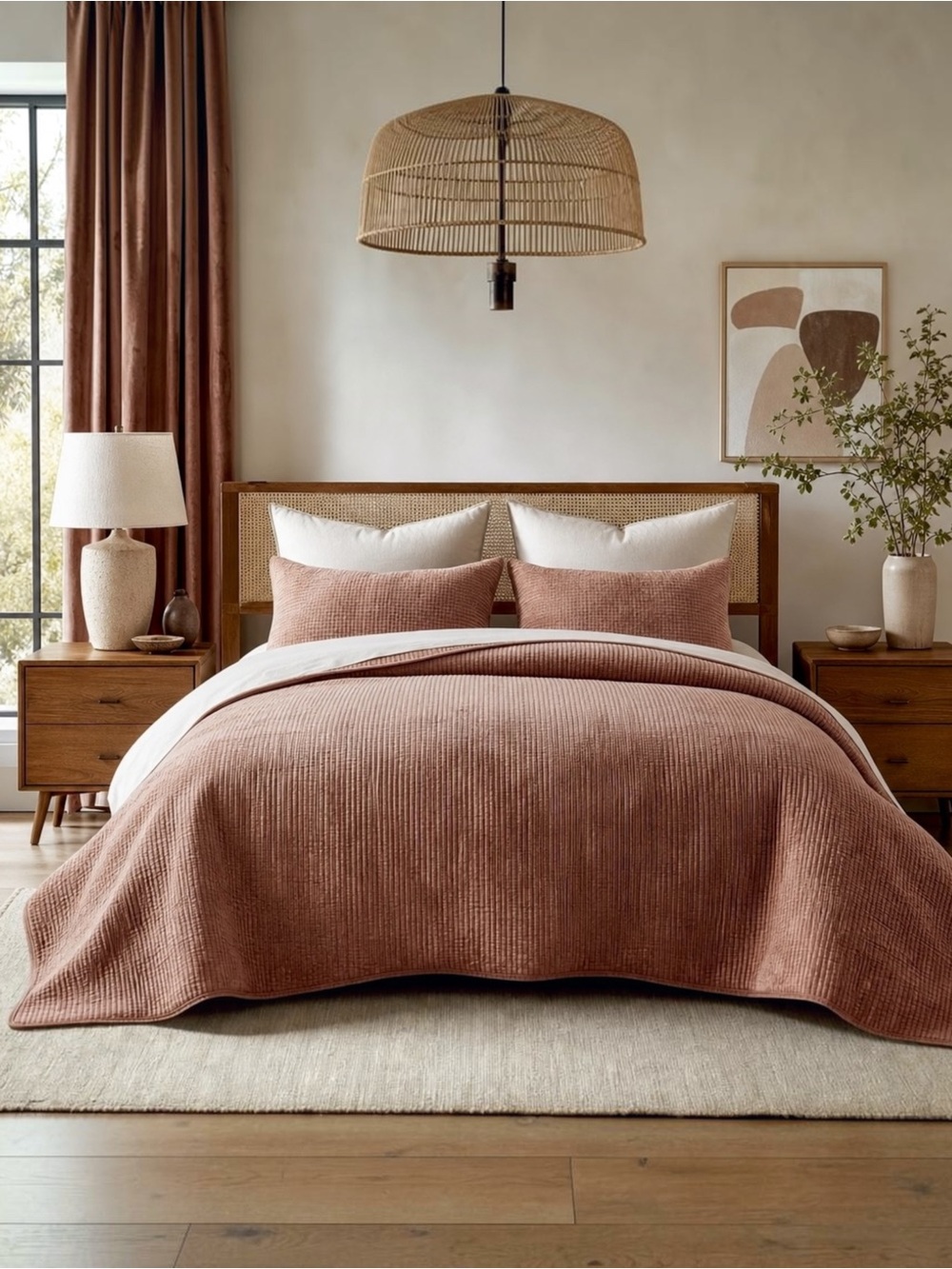 NEW West Elm Velvet Terracotta Clay Queen / King Bedding Comforter & Sham Set